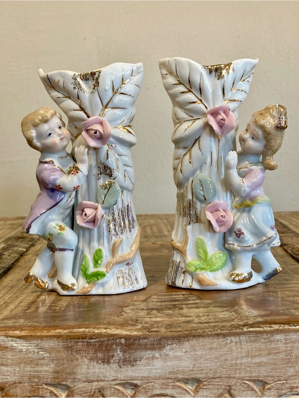 Pair of Boy & Girl Floral Mantel Vases in White & Gold Roses